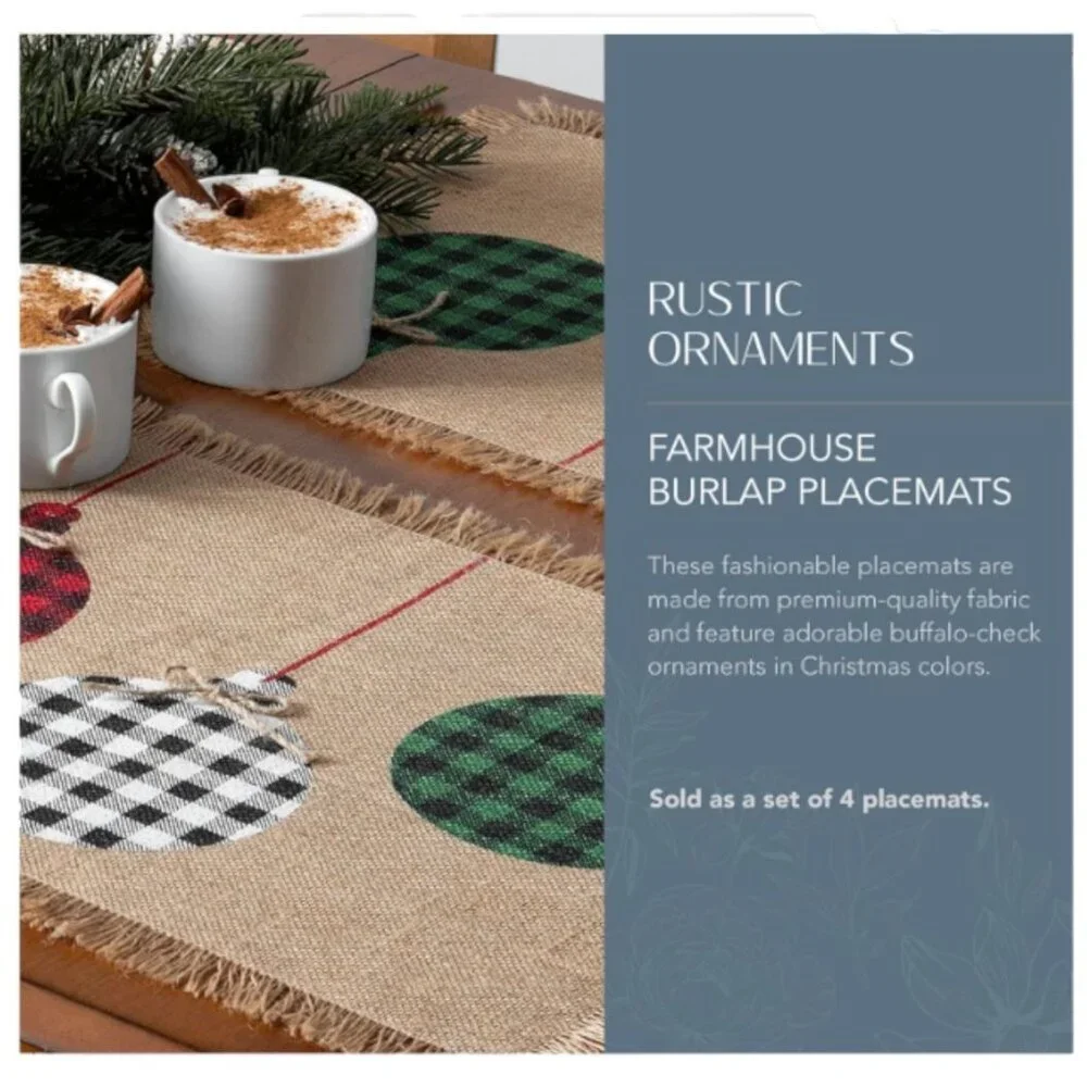 Elrene Farmhouse Holiday‎ Christmas Ornaments Jute Placemat Set of 4 Gingham NEW